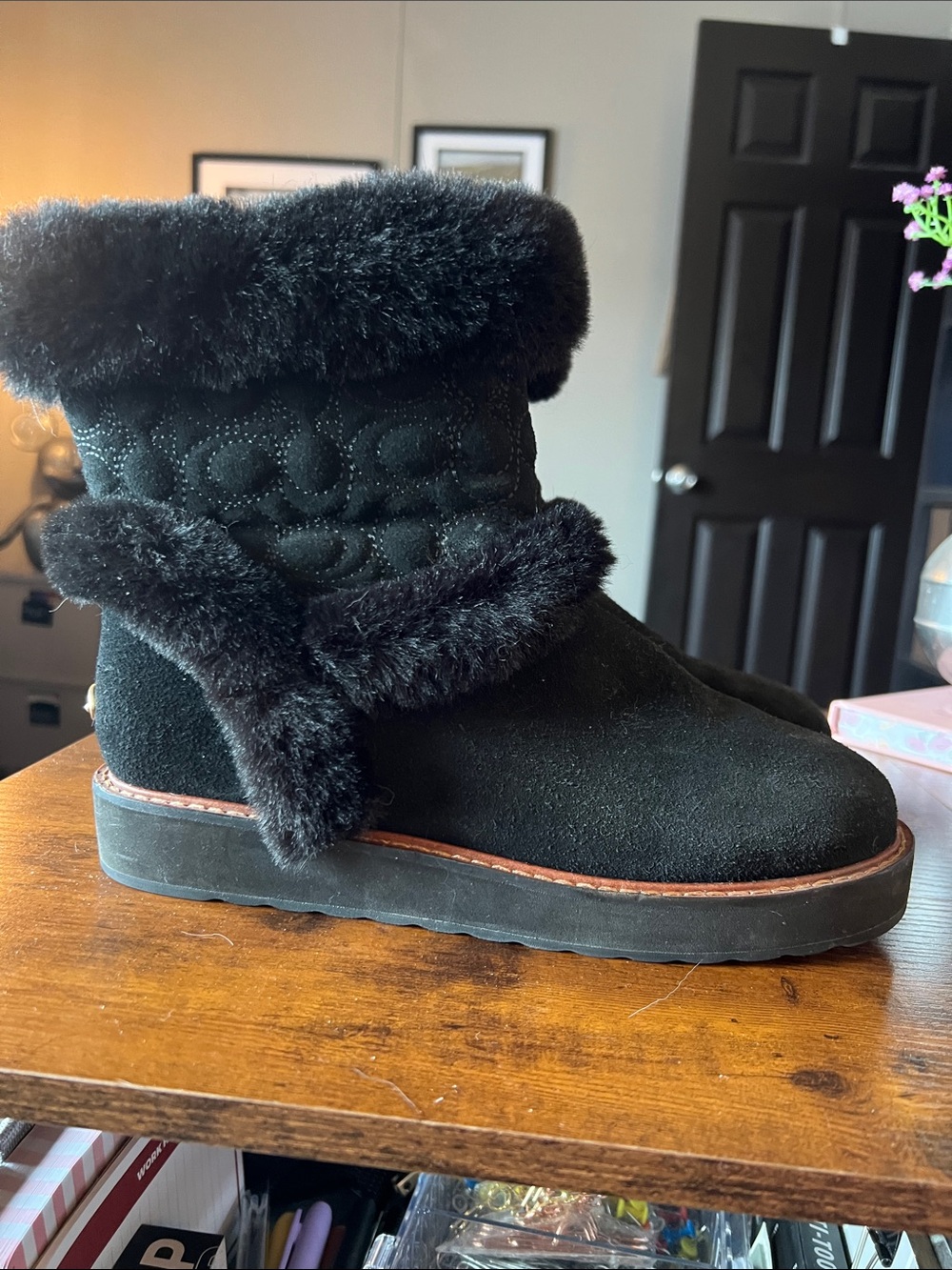 Coach Black Suede Signature Print Boot